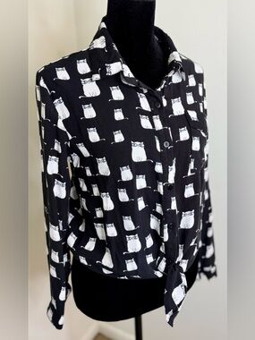 Love Notes preppy Cat button front tie front long sleeve shirt nerdy chic cat sm